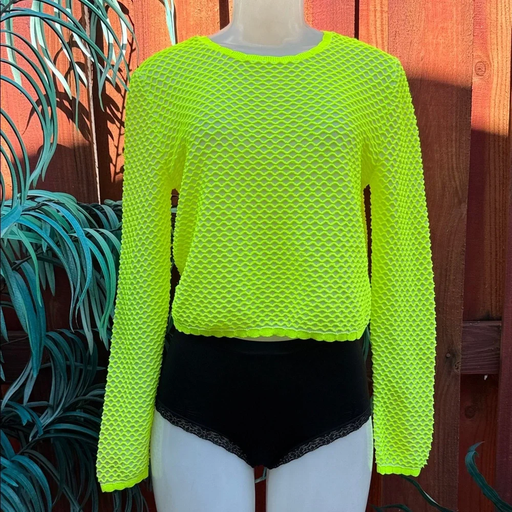 Zara Neon Lime Yellow Fishnet Mesh Open Weave Long Sleeve Top M